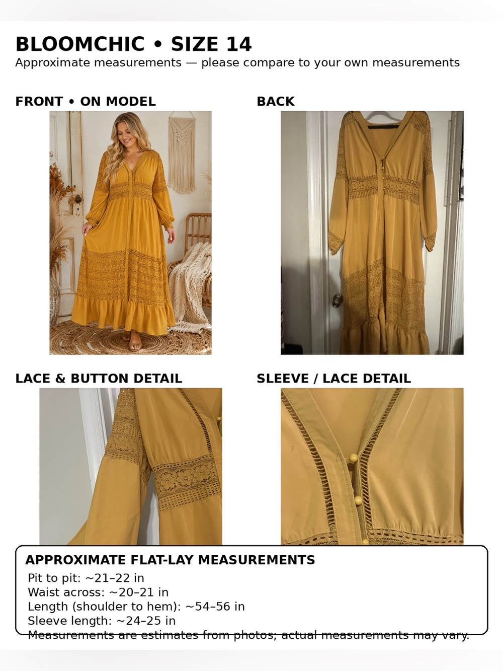 Title:
BLOOMCHIC Mustard Yellow Lace Boho Maxi Dress Size 14